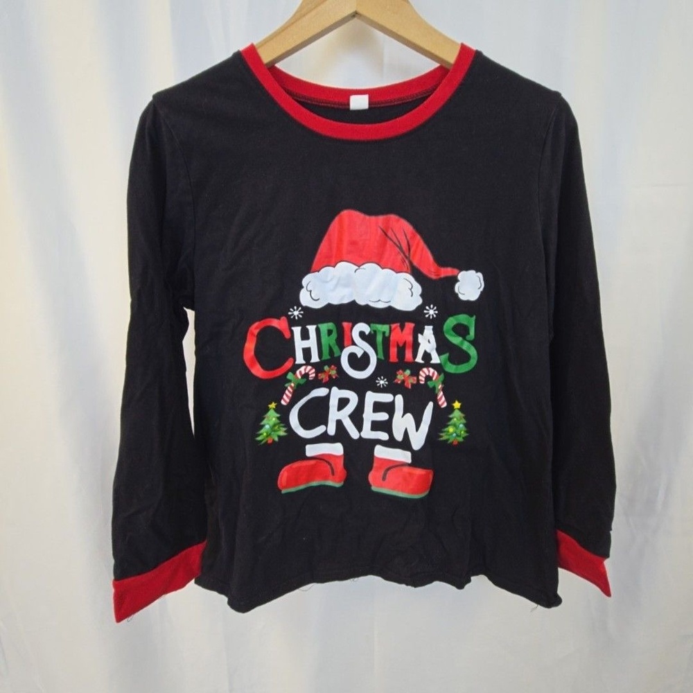 Christmas Crew Shirt Womens XL Black Long Sleeve Ringer Santa Graphic Tee